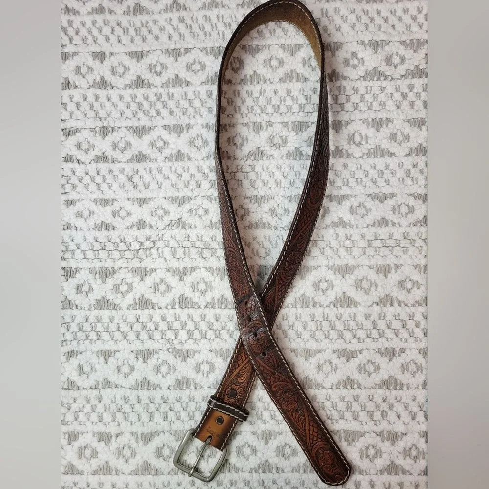 Belt Co Brown Tooled Leather Belt Men's Embellished Florid Western USA Size 38